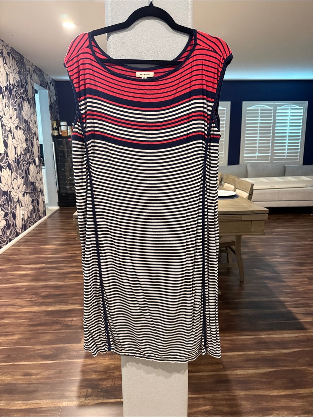 Striped Sleeveless Shift Dress in Red, Black & White